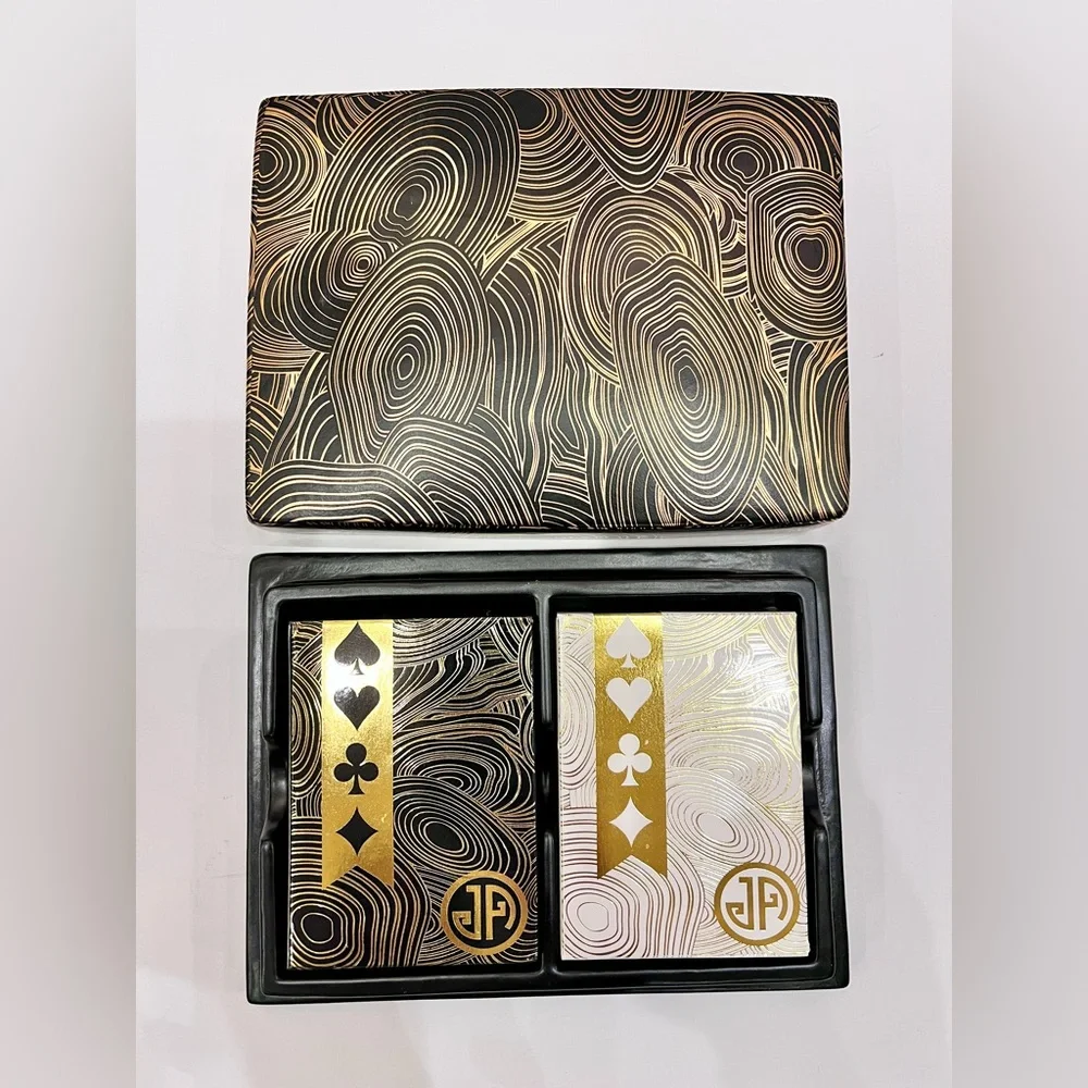 Jonathan Adler Playing Card Set W/ Black Gold Swirl Porcelain Container Holder